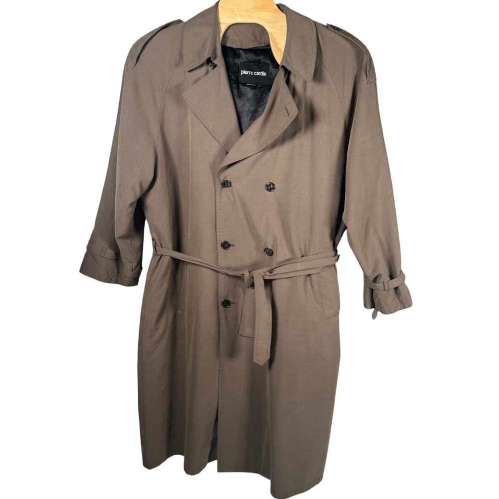 Pierre Cardin Trench Coat Mens 48L Brown Double Breasted Zip Out Lining Belted